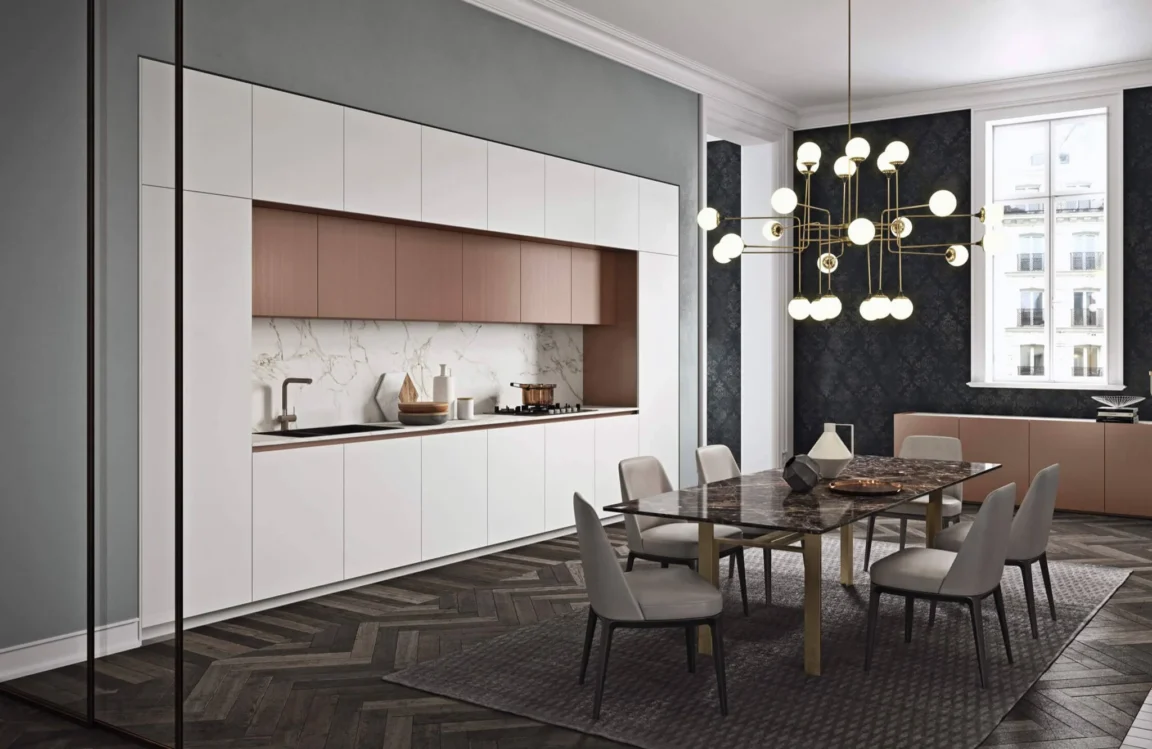 Bianco marble kitchen front view