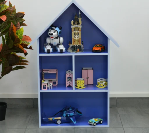 Blue toy house shelf