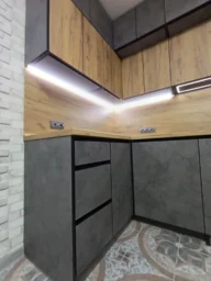 Grey wood kitchen cabinets detail