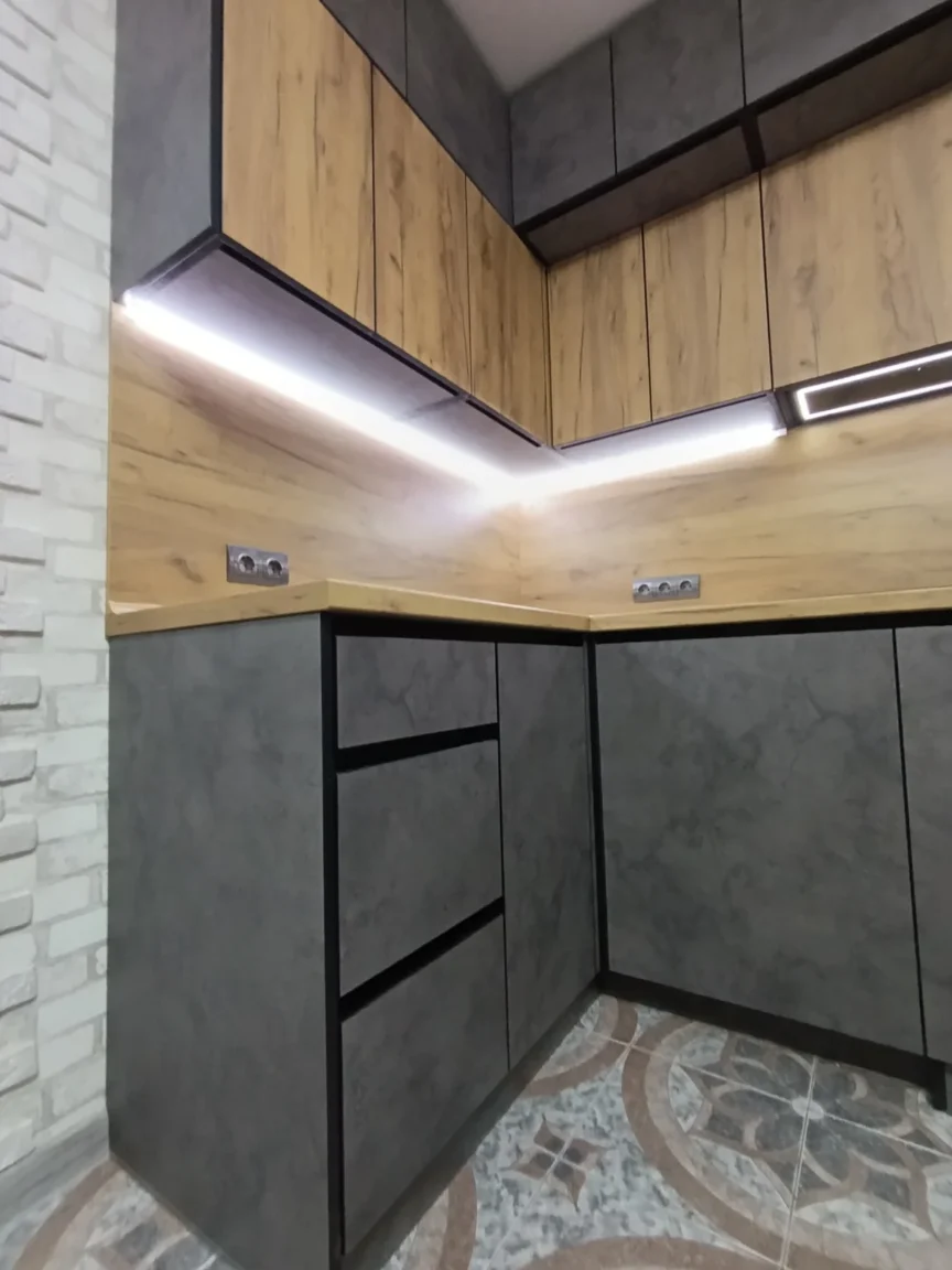 Grey wood kitchen cabinets detail