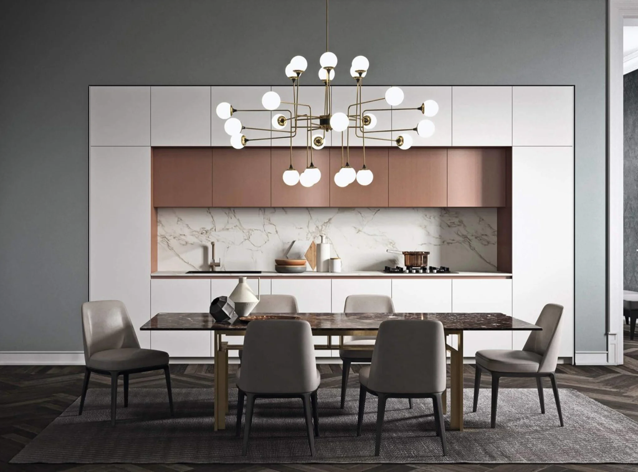 Modern dining room with chandelier