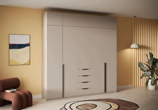 Tall beige wardrobe with drawers