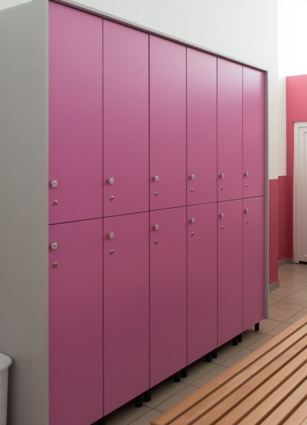 Pink lockers in gym