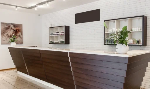 Reception desk with shelves